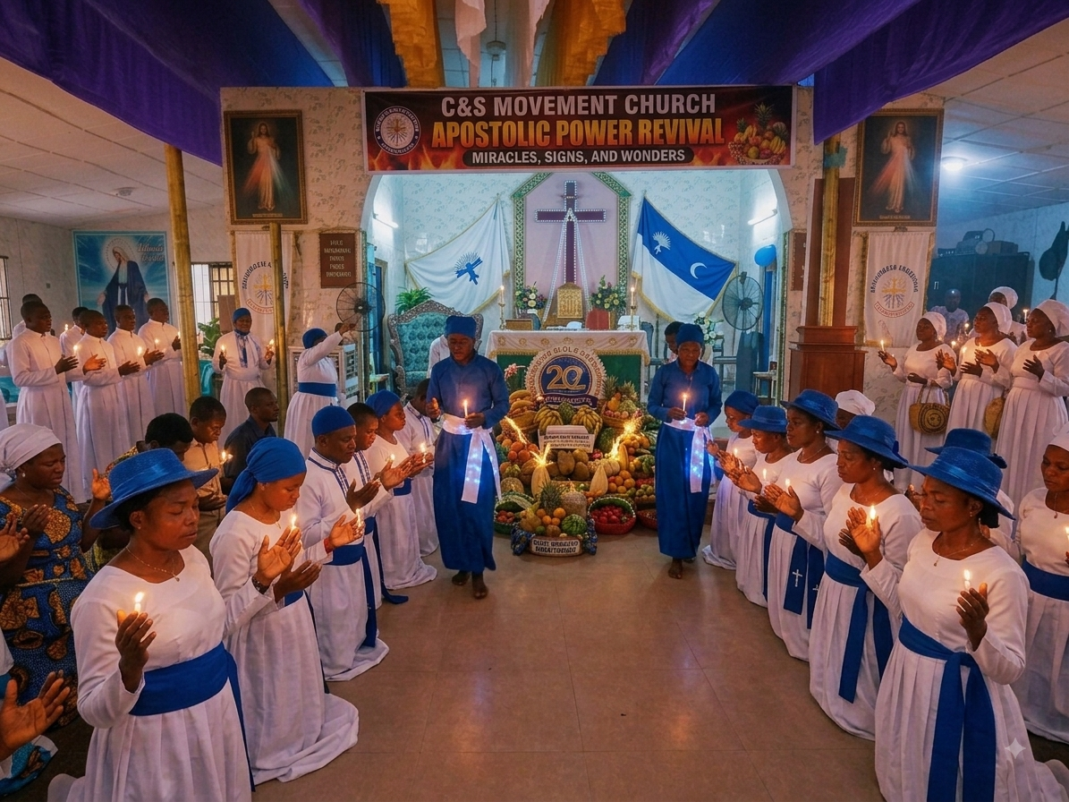 Congregation holding candles during a night vigil and revival service