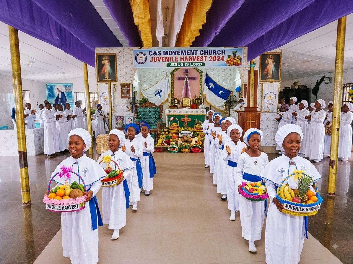 Children in white robes carrying harvest baskets during Juvenile Harvest