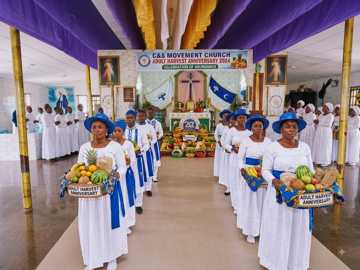 Adult members in white robes and blue hats carrying harvest baskets